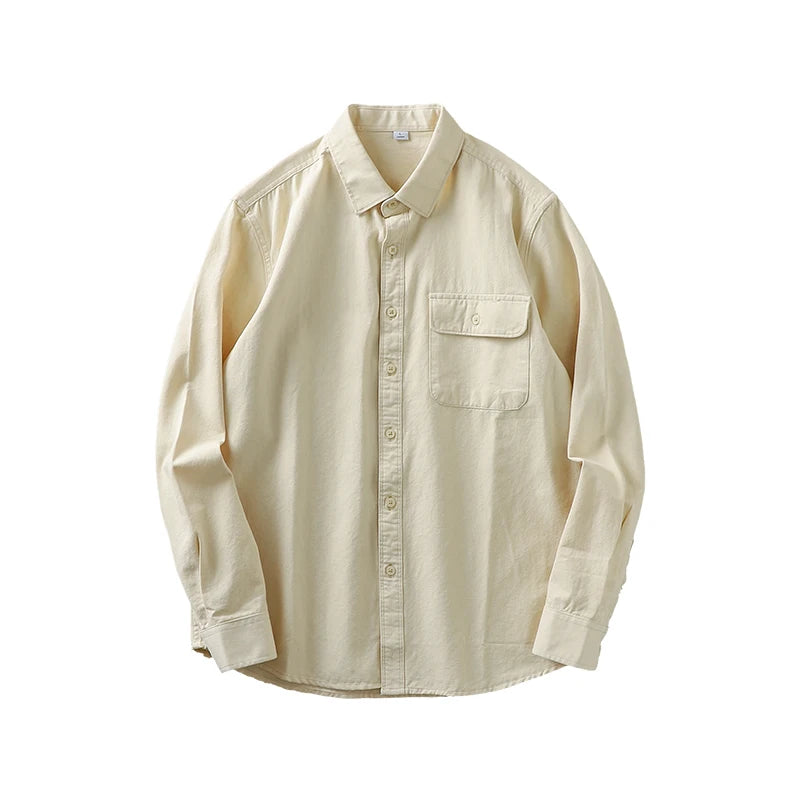 Dukeen Shirts for Men Spring and Autumn Pockets Cotton Solid Color White Plain Shirt Long-Sleeved Tops Mens Clothing