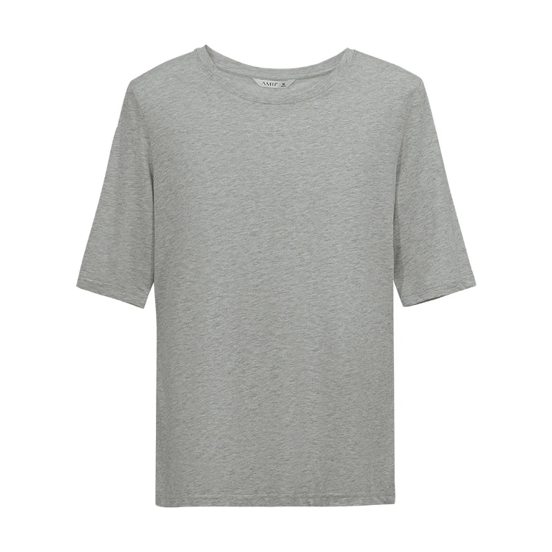 Amii Women T-shirt 2026 Summer New Round Neck Cotton Mid Sleeve Tee Basic Straight Fit Gray Casual Versatile Ladies Top 12622194