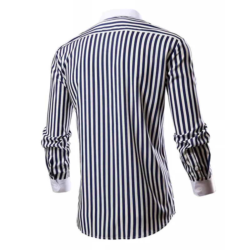 2026 Men's Classic Vertical Stripe Long Sleeve Shirt, Single Breasted Lapel Shirts, White Red Khaki Available, European Size