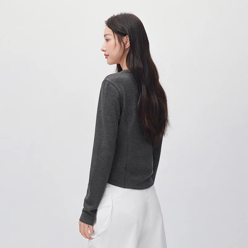 Semir Women Knit Tshirt Cropped Solid Color Crew Neck Brushed Fabric Slim Fit Panel Design Minimal Design 2026 New