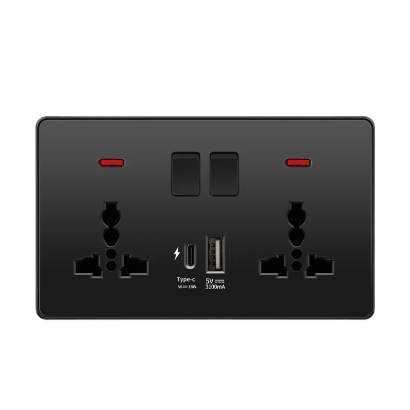 Black Uk 13A Smart Fast Charging Type C18W Charging Socket,1gang2way Wall Light Switch ,Universal Double Five-hole USB C Outlet