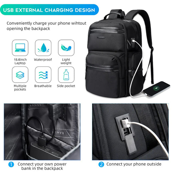 BANGE Anti-Theft 15.6 inch Laptop Backpack for Men School Bags Waterproof Business Travelling Backpacks with USB Charger Port