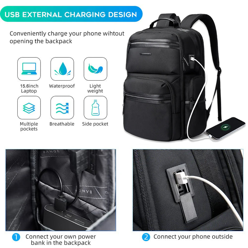 BANGE Anti-Theft 15.6 inch Laptop Backpack for Men School Bags Waterproof Business Travelling Backpacks with USB Charger Port