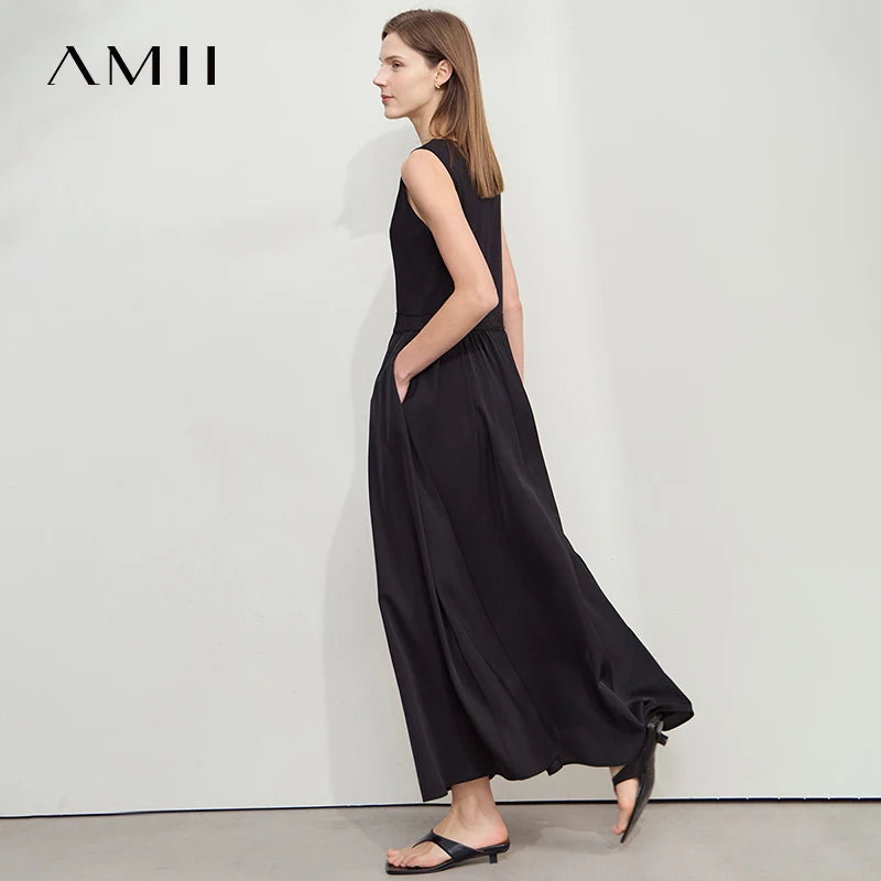 រ៉ូបនារី Amii Minimalist រដូវក្តៅឆ្នាំ ២០២៥ រ៉ូបការិយាល័យថ្មីសម្រាប់នារីការិយាល័យ ក U ចង្កេះស្ដើង ដៃអាវគ្មានដៃ កប្បាសរាងអក្សរ A ស្គម 12522044