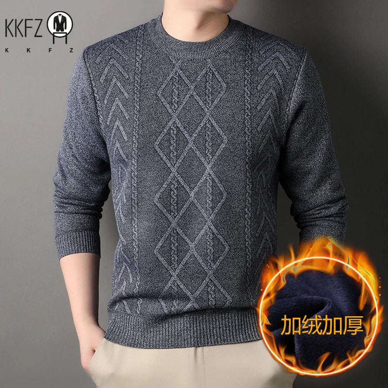 Elastic Rib Cuffs Male Crew Neck Sweater Thickened Plush Interior Mixed Jacquard Knitting Autumn Outdoor Leisure Top