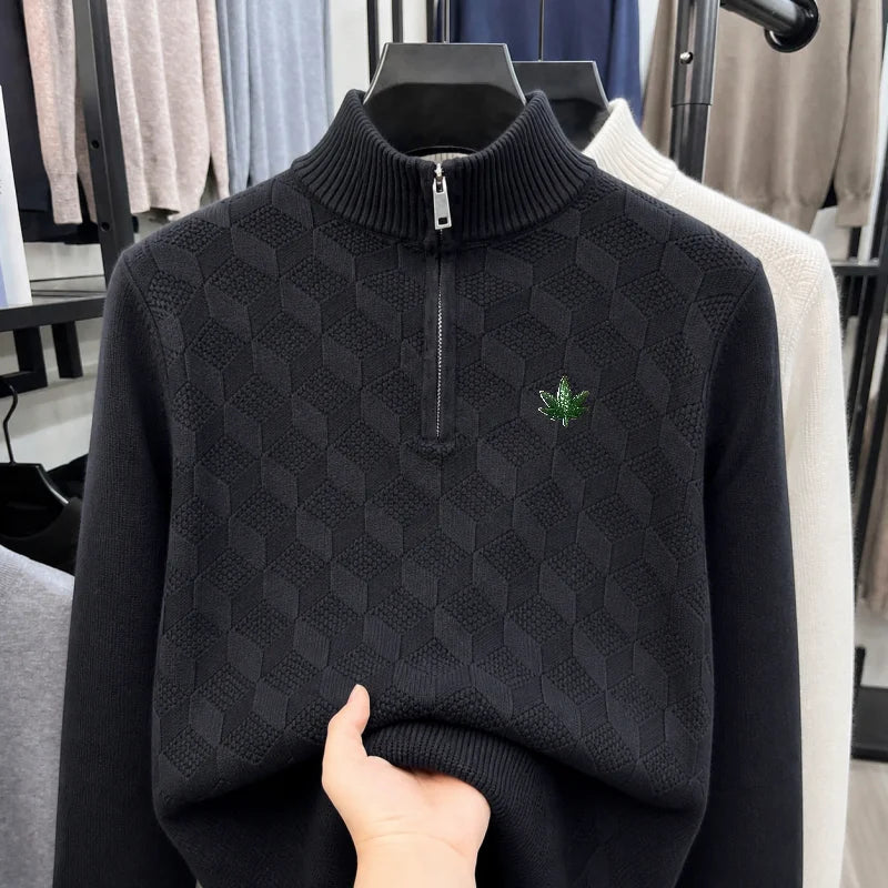 High Quality Men Long-Sleeved Knitwear Mock Neck Zipper Leaf Embroidery Autumn Winter New Pullover Casual Fashion Men's Clothing