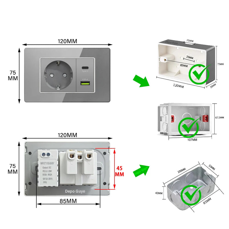 Type 118 Grey Tempered Glass Panel EU Wall Light Switch,Europe Wall Socket With USB Type-c 18W Quick Charge Outlet 118*75mm