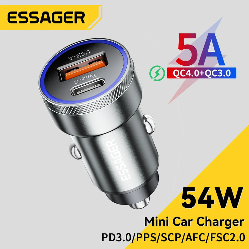 ឆ្នាំងសាករថយន្ត Essager 54W USB 5A សាកលឿន 3.0 QC PD 3.0 SCP AFC 30W USB ប្រភេទ C សាកលឿនសម្រាប់ iPhone Huawei Samsung Xiaomi