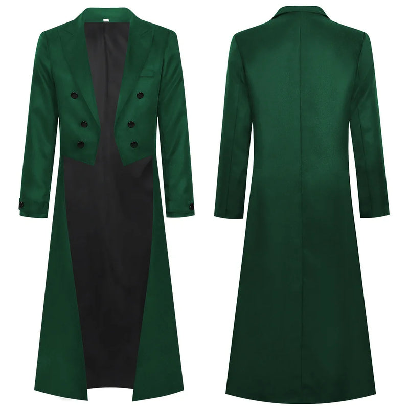 Men's Punk-style Black Tailcoat, Red Double-breasted Trench Coat, Available in Blue and Green.