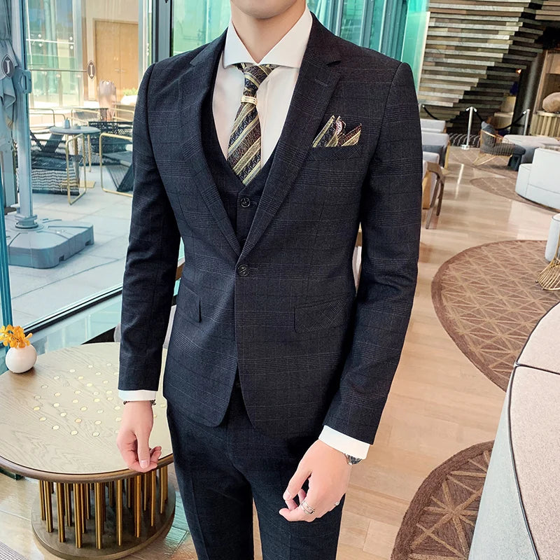2026 Men Black Classic Striped/Checked Suits, Men's Business Office 3-Piece, Asian Size Slim Fit Sets, Blue/Gray Available