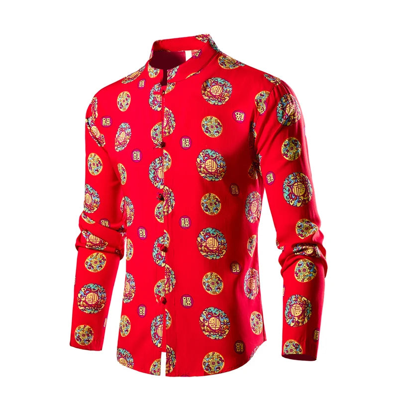 Chinese Style Men's Red Stand-up Collar Long-sleeved Shirt, Single-breasted Printed Shirts, Fashion Casual Camisas. New 2026