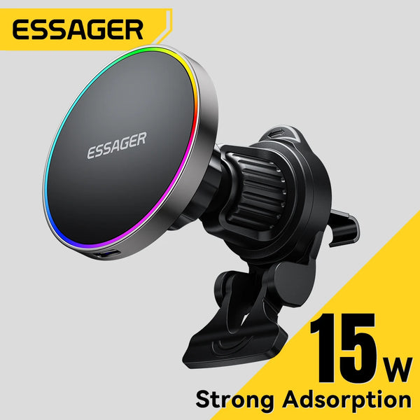 Essager RGB Magnetic Car Phone Holder Qi 15W Wireless Charger For IPhone17 16 15 14 Pro for Magsafe Universal Phone Holder Stand
