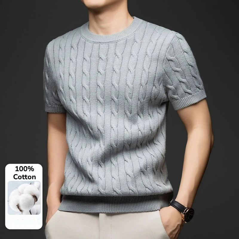 Men's Vintage Cable Knit Short Sleeve Sweater 100% Cotton Casual Crew Neck Pullover