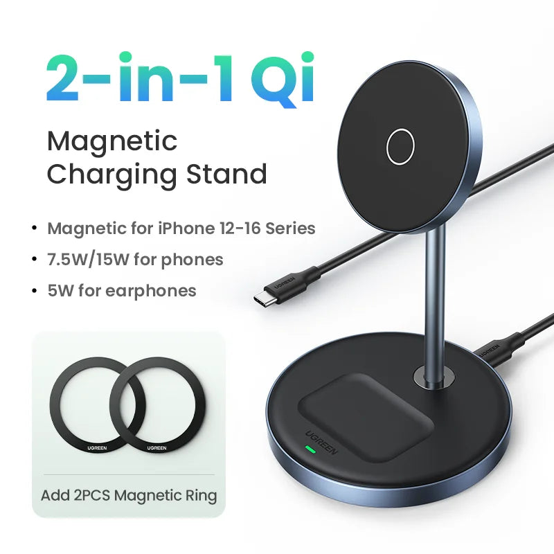 UGREEN Magnetic Wireless Charger Stand 15W Max 2-in-1 Charging Stand For iPhone 16 17 Pro Max/iPhone 14/AirPods Fast Charger