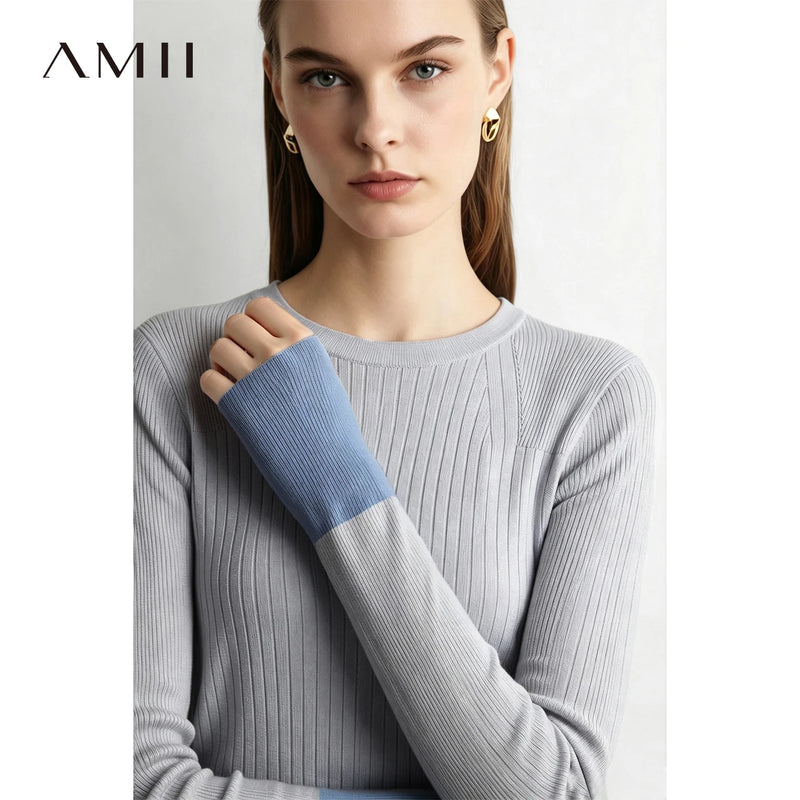 អាវយឺត Amii សម្រាប់នារី អាវដៃវែងរដូវស្លឹកឈើជ្រុះ កអាវរាងអក្សរ O ពណ៌ចម្រុះ បំបែកកដៃ អាវយឺតសម្រាប់នារីការិយាល័យ អាវប៉ាក់សម្រាប់នារី 12613026