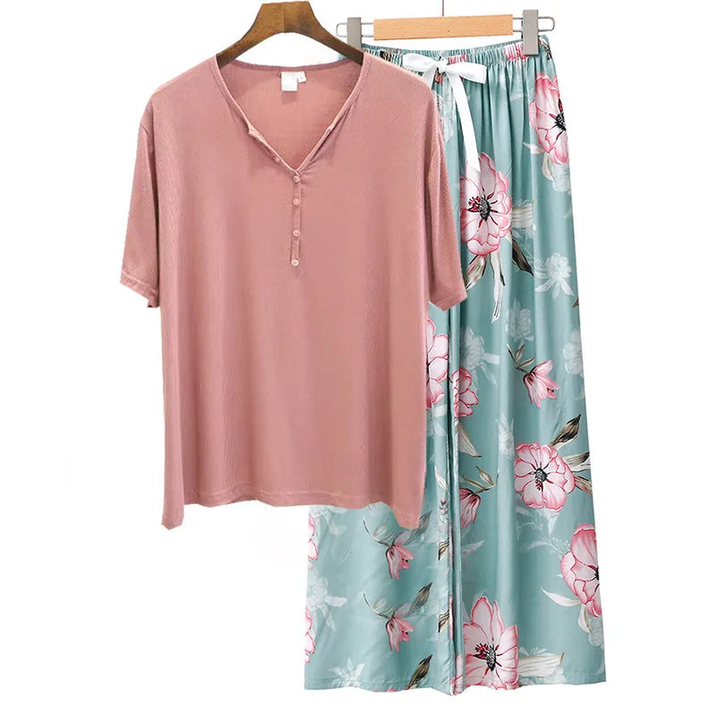 Spring Summer Threaded Modal Knitted V-neck Short Sleeve Sleepwear Women Loose Home Pajama Set Print Nightwear Pijama Suit
