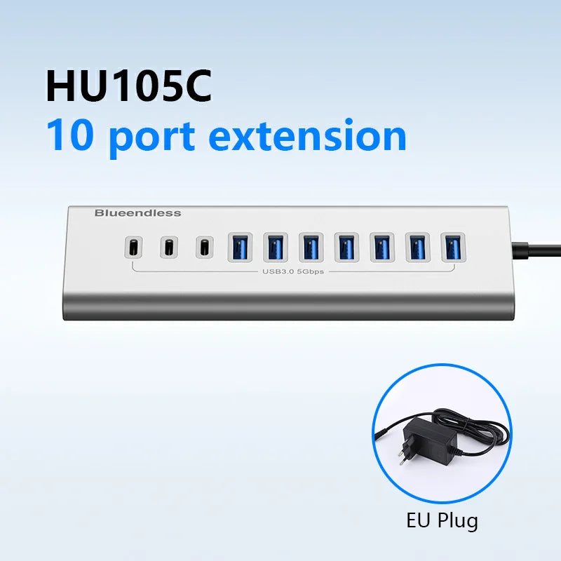 មជ្ឈមណ្ឌល USB3.0 ឥតខ្សែ 7 ច្រក 10 ច្រក USB C Hub 10 ក្នុង 1 អាលុយមីញ៉ូម Splitter Split Switch Adapter អាដាប់ទ័រថាមពល 12V សម្រាប់កុំព្យូទ័រ Macbook