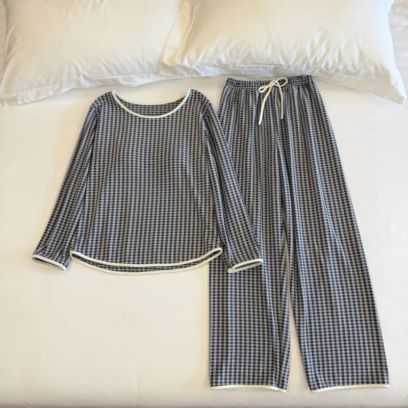 New Women's Pajamas Chest Pads Spring Autumn Sleepwear for Sleeping Pyjamas Long-Sleeve Top and Pants 2 Piece Loungewear Suit