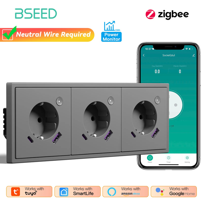 BSEED E Series Zigbee Socket Smart Power Monitor Socket 20W Fast Charge USB Type-C Port Tuya Smart Life Control Plastic Frame