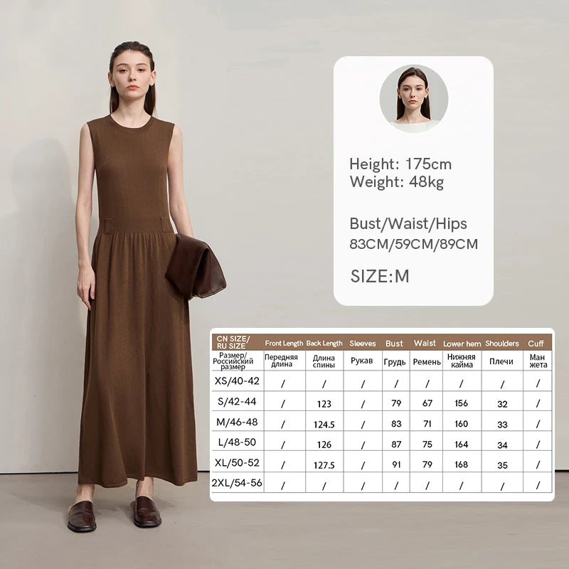 AMII Midi Dresses 2026 Autumn New Knitted Cardigan Sleeveless Long Dress Round Neck Solid Elegant Loose Ladies Clothing 12543209