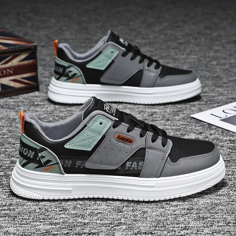 Mens Board Shoes New Leather Splicing Lightweight Snug Fashion Street Style Outdoor Low Top Casual Sports Flat Walking Shoes
