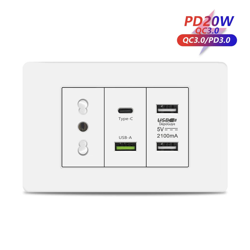 Italy Chile Mexico USB Smart Type-c 20W Fast Charging Wall Outlet plug,Brazil Electric Light Switch Panel Universal usb c Socket
