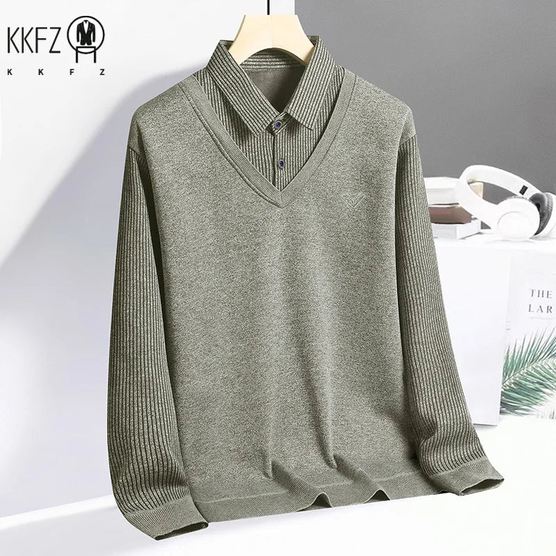 Daily Versatile Men Pullover Fake Two Piece Construction Vertical Stripe Sleeves Lapel Collar Subtle Embroidered Logo