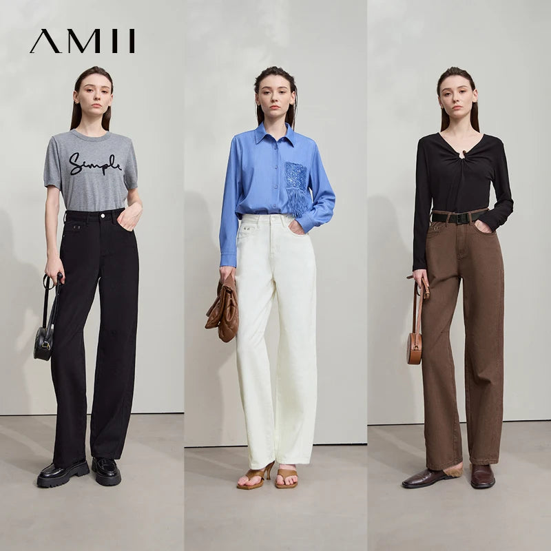 AMII Minimalist 2026 Autumn New Arrival Pants Minimalism Retro Casual Office Lady Pure Cotton Jeans Women Denim Trouser 12543141