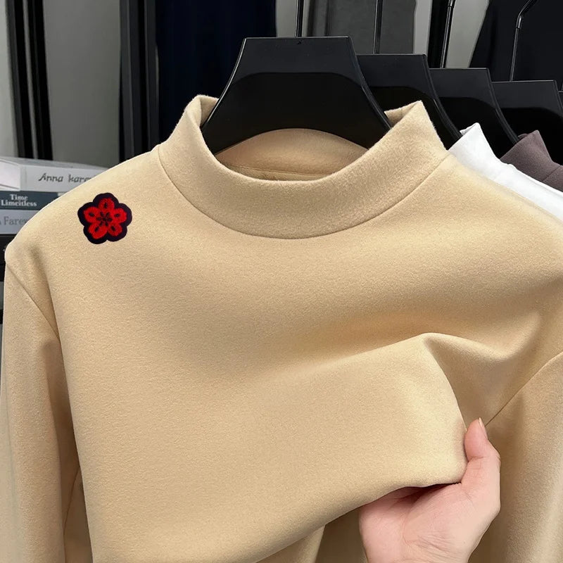 Original Design Man Long-Sleeved T-Shirt Mock Neck Flower Embroidery Dralon Fabric Autumn Winter New Tops Casual Men's Clothing