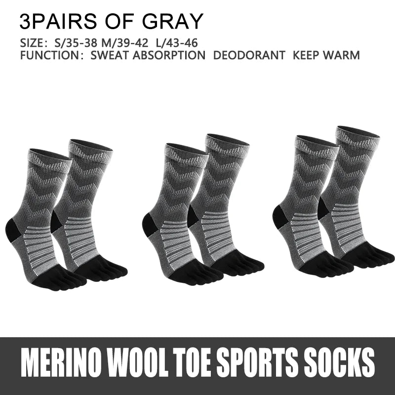 WRELS 1/3 pairs Merino Wool Socks For Men Thick Warm Hiking Running Cushion Crew Socks Merino Wool Sports Five Toe Socks