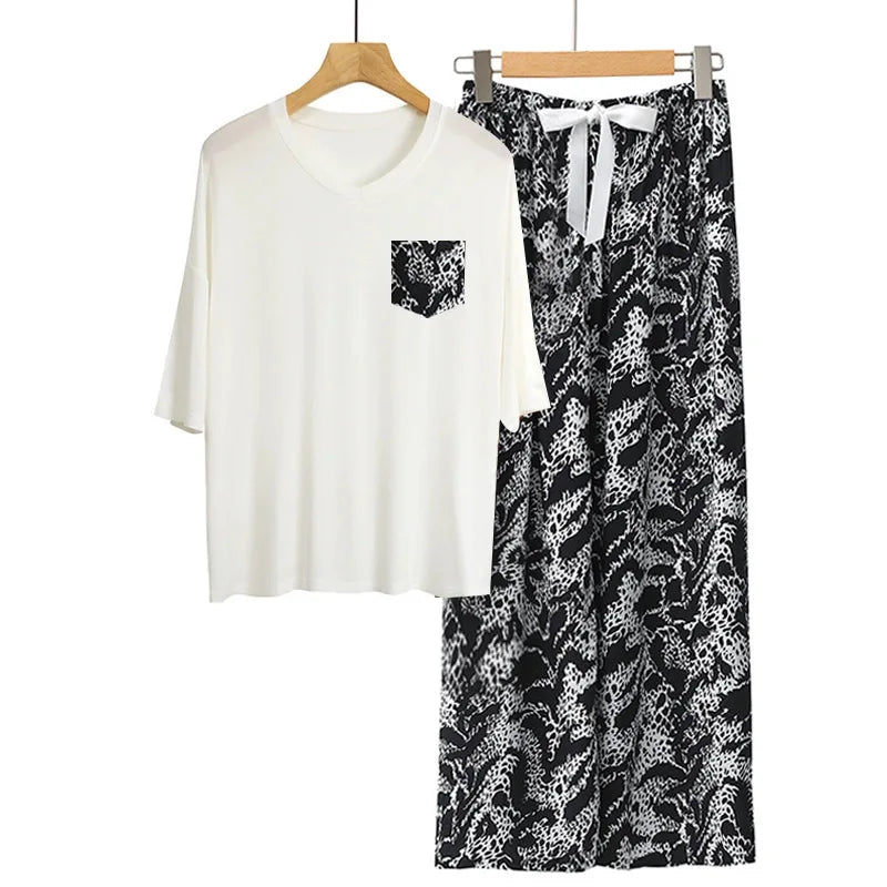 Modal Comfortable Women's Sleepwear Loose Short Sleeve Trousers Sets Printed Home Suit For Women Loungewear Pajamas Clothes