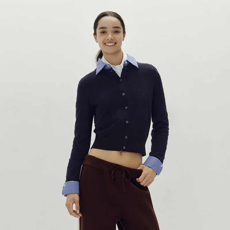Semir Women Cardigan Plaid Shirt Collar Faux Two Piece Regular Shoulder Commuter Style Short Knitwear Daily Wear 2026