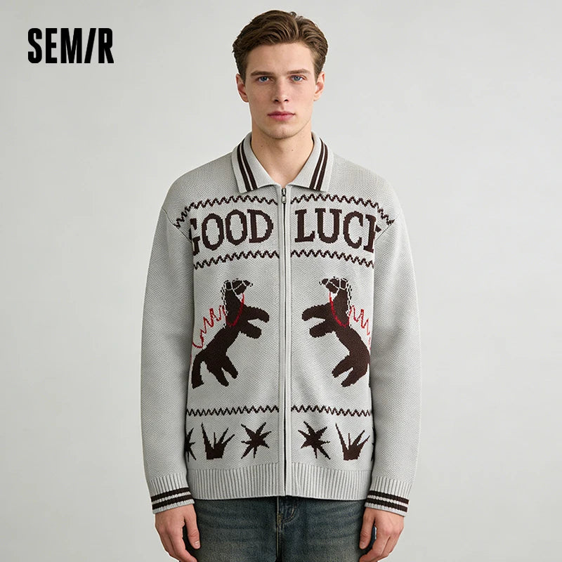 Semir Women Cardigan 2026 Loose Lapel Zipper Fun Pattern Gray Baseball Collar Soft Warm Casual Tops