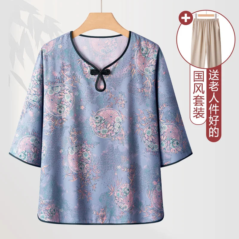ឈុតគេងសម្រាប់ស្ត្រី XL-4XL ប៉ាក់ដោយកប្បាស បោះពុម្ពបែបបុរាណ សម្រាប់ម្តាយវ័យកណ្តាល ស្លៀកក្រៅផ្ទះ