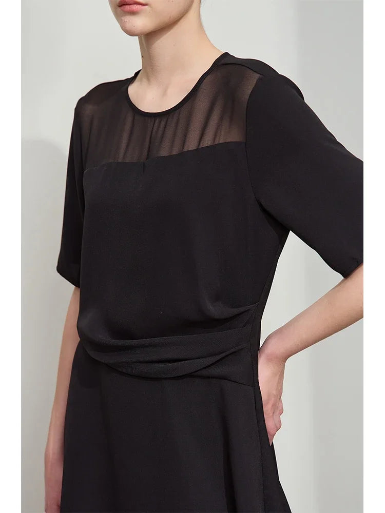 AMII Minimalist Dress Women 2026 Autumn New Basics Office Lady O-Neck Lace Splicing Short Sleeve Knee-length Dresses 12521028