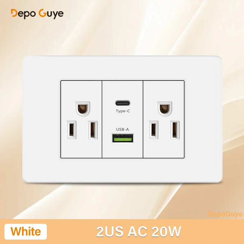Italy Chile Mexico USB Smart Type-c 20W Fast Charging Wall Outlet plug,Brazil Electric Light Switch Panel Universal usb c Socket