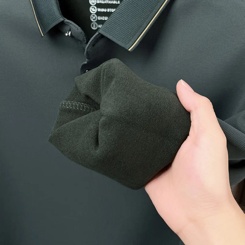 Men's Fleece-Lined Waffle Knit Polo, Vertical Stripe Collar Seamless Design, Anti-Wrinkle Technology