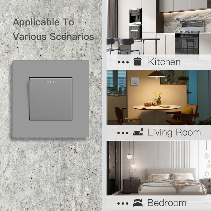 BSEED Button Light Switch 1/2/3Gang 1Way Wall Light Switch Plus Wall Power Socket Gray Plastic Frame Switch On Off