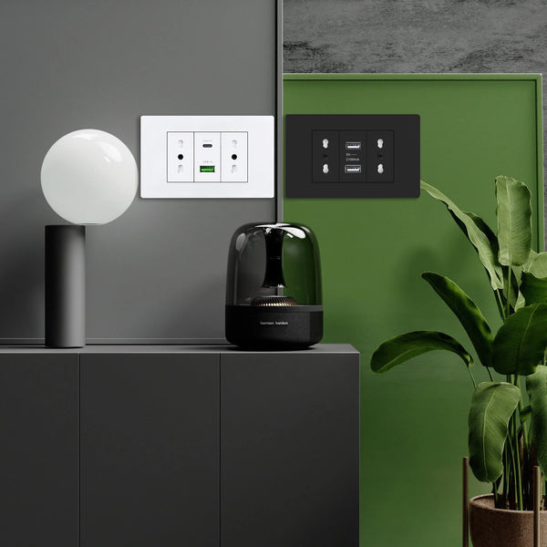 រន្ធដោតជញ្ជាំង USB ប្រភេទ C ពណ៌ស/ខ្មៅ បង្កប់នៅប្រទេសអ៊ីតាលី ឈីលី បន្ទះថាមពល 16A អាដាប់ទ័ររន្ធសាកថ្មលឿនប្រភេទ C ឆ្លាតវៃ 20W
