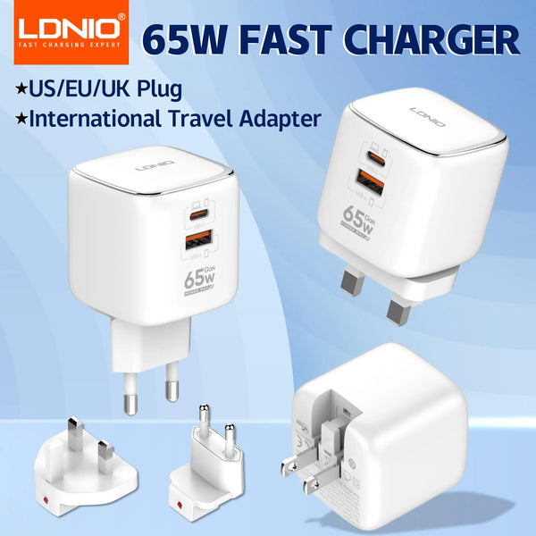 ឆ្នាំងសាក LDNIO 65W USB C ឆ្នាំងសាក GaN អាដាប់ទ័រធ្វើដំណើរប្រភេទ C ច្រើនរន្ធ សម្រាប់ MacBook iPad iPhone 15 14 Pro Max Xiaomi Galaxy S23