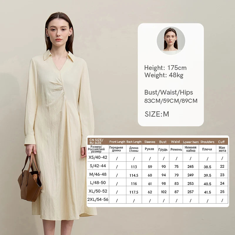 Amii Women's Dresses 2026 Autumn New Holiday Style V-neck Lapel Asymmetrical Pleated Dress Slim A-Line Female Dress 12641049