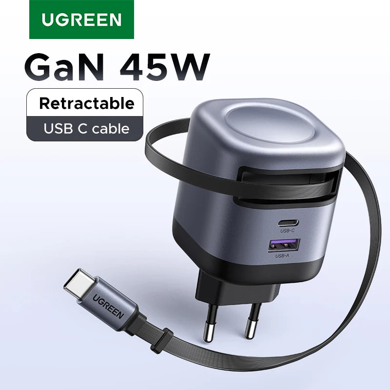 UGREEN 45W GaN Retractable Cable Charger UFCS PPS QC PD 3.0 Fast Charger For iPhone 17 16Pro Samsung S25 iPad Macbook Air Tablet