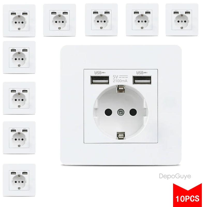 EU FR Power Socket ,Socket With Usb Charging Port and Type c White Stainless Steel Panel Russia Spain Wall Socket 5/10 PCS