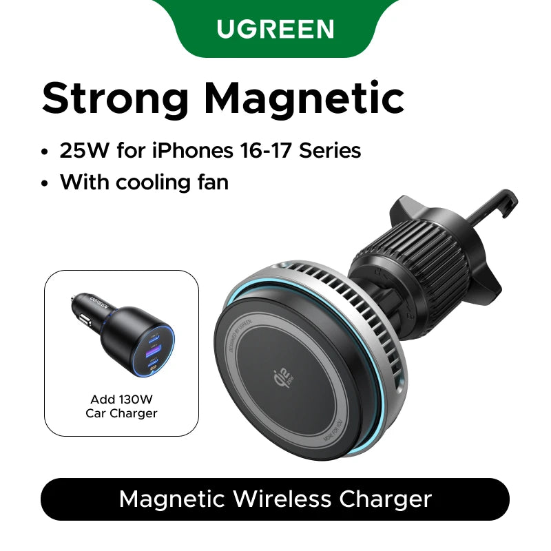 UGREEN MagFlow Pro Qi2.2 25W Magnetic Wireless Car Charger with Cooling Fan For iPhone 16 17 Pro Car Phone Holder Fast Charging
