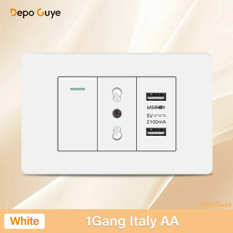 Italy Chile Mexico USB Smart Type-c 20W Fast Charging Wall Outlet plug,Brazil Electric Light Switch Panel Universal usb c Socket