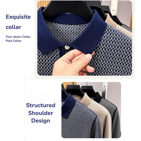 Men's 100% Cotton Long Sleeve Polo Shirt Classic Houndstooth Pattern Invisible Placket Casual Top