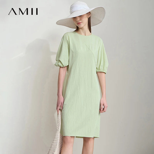AMII Women Elegant Summer Dresses 2026 Round Neck Lantern Sleeve Solid Dress Female New Fashion Office Lady Clothing 12542030
