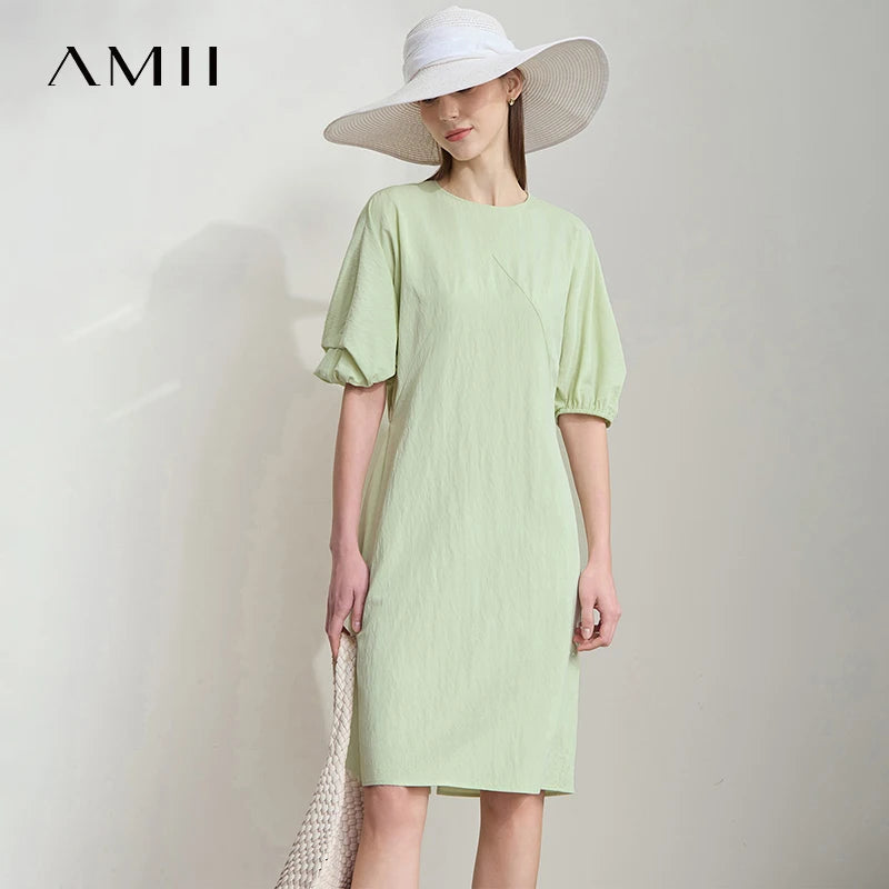 AMII Women Elegant Summer Dresses 2026 Round Neck Lantern Sleeve Solid Dress Female New Fashion Office Lady Clothing 12542030