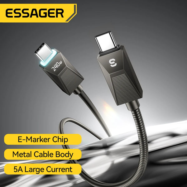 ខ្សែសាក Essager 240W Super Fast Charge Type-C ខ្សែសាកដែកអ៊ីណុក 100W សាកលឿន 5A សម្រាប់ Macbook iPad iPhone 16 15 Pro Ma