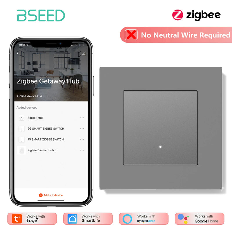 BSEED 1/2/3/4Gang Zigbee Light Switch Smart Click Button Switch Tuya Smart Life Alexa Control Plastic Frame Switch No Neutral